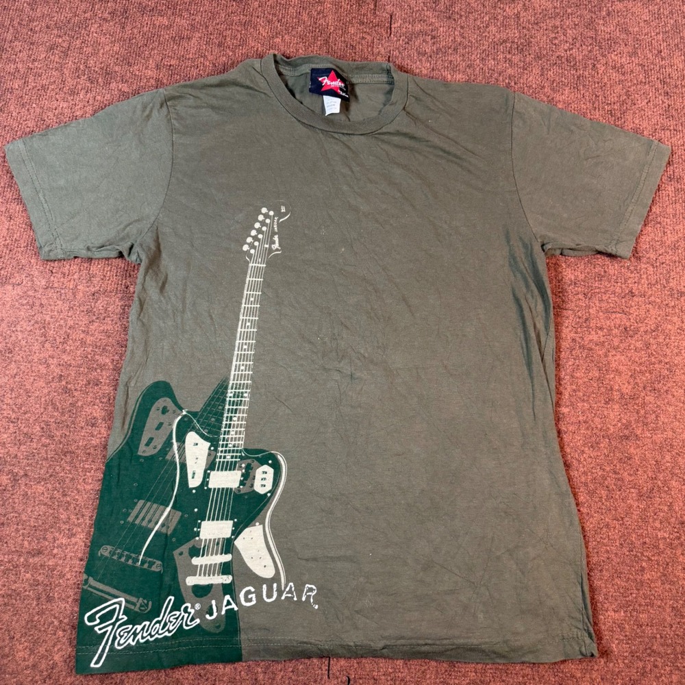 Fender Jaguar Guitar Graphic T-Shirt Mens M Olive Green Cotton DaVinci RN118094